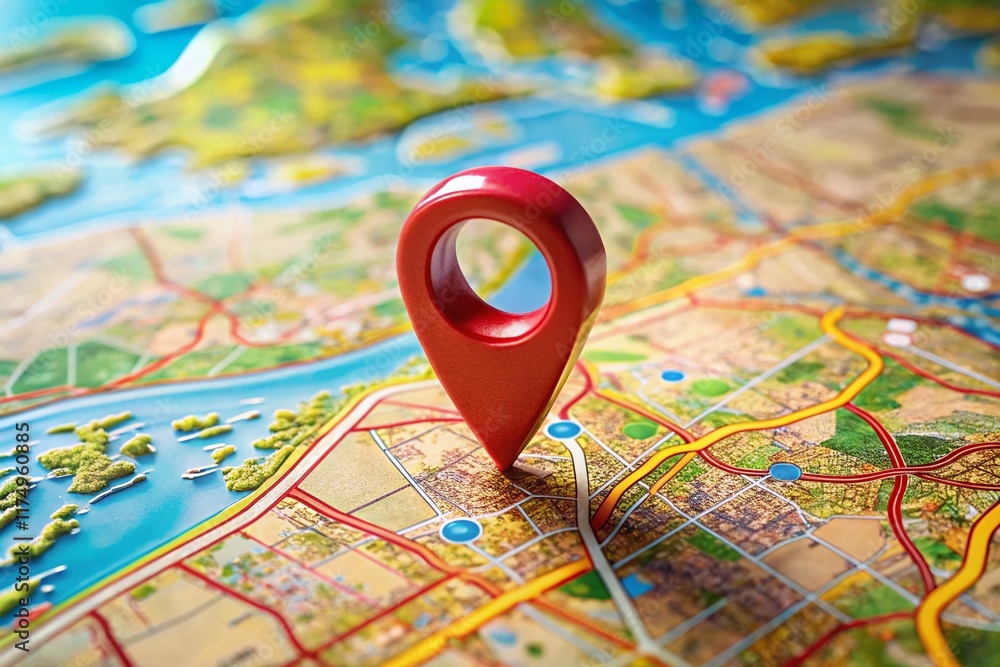 Poster navigating the world: pin route and digital gps location on a detailed map