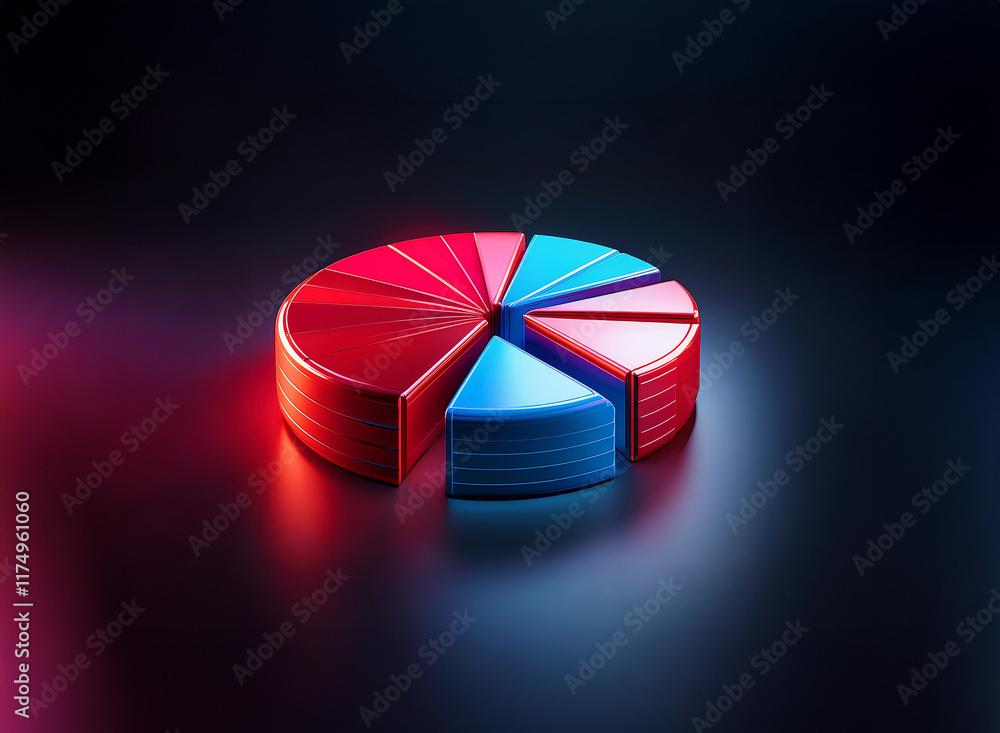 Poster a 3d pie chart with red and blue segments, illuminated dramatically against a dark reflective surfac