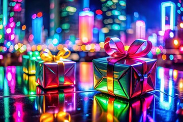Neon Gift Box Double Exposure: Abstract Urban Night Lights & Presents