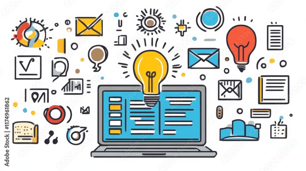 Poster laptop displaying ideas, surrounded by icons representing productivity and creativity