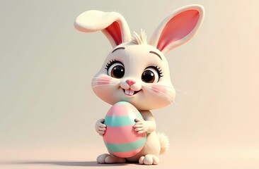 Happy smiling easter bunny holding easter eggs on pastel light background, kids event concept, easter celebration, spring festival