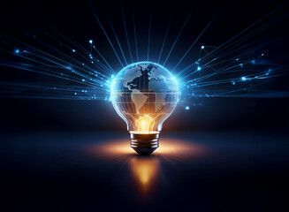 A glowing light bulb reveals a digital world map, surrounded by radiating light streams symbolizing global connectivity and innovative ideas.