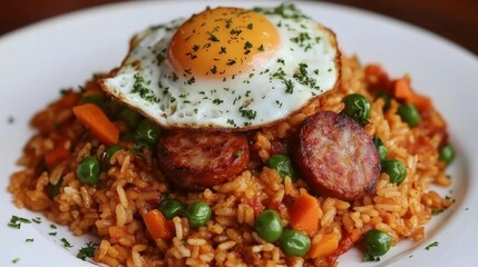 A colorful serving of American fried rice with chunks of sausage, peas, and carrots, garnished with a fried egg and fresh parsley on a white plate