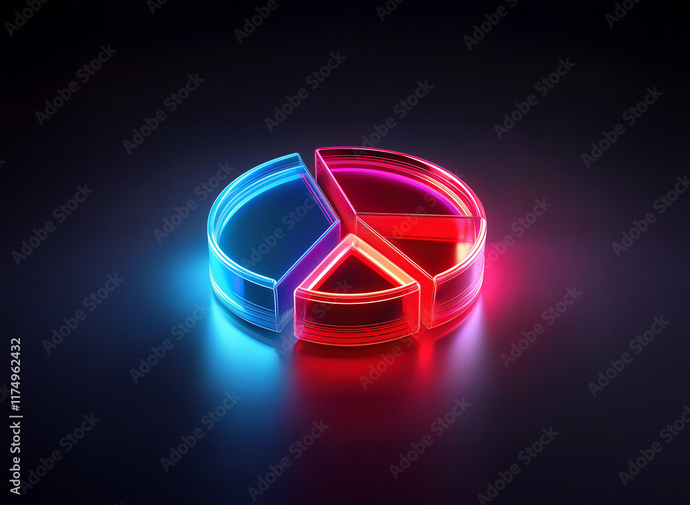 Poster a vibrant, three-part pie chart glows with neon red and blue light, set against a dark background. i