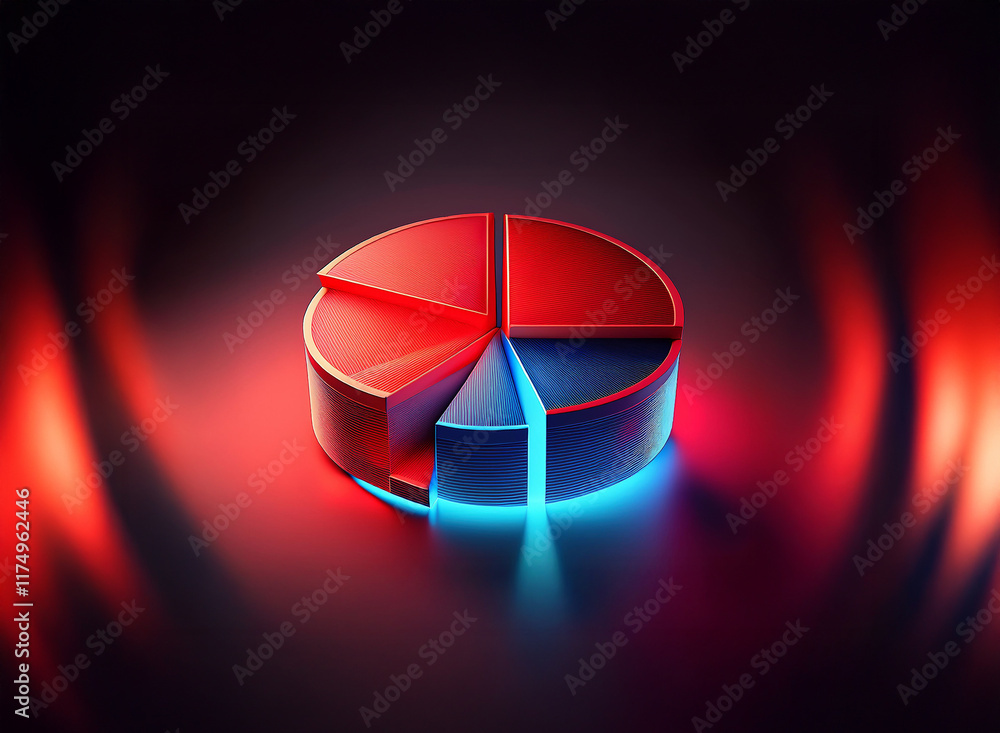 Poster a 3d pie chart, segmented in red and blue, glows with neon light against a dark, moody background. t