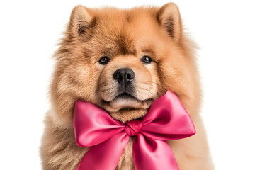 Obraz premium Regal Elegance of a Bow-Tied Chow Chow: Front-facing Portrait with Vibrant Fabric Bow