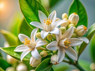 Fototapeta premium Neroli Blossom: Close-up of Fragrant Orange Tree Flowers and Buds on Isolated White Background