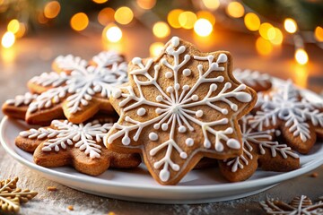 Festive Snowflake Gingerbread Cookies with Icing and Glitter - Christmas Baking Stock Photo