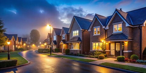 New Build Detached Houses on Quiet UK Residential Street at Dusk