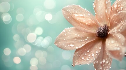 Fototapeta premium A delicate flower with water droplets on its petals, resting on a soft green background, with natural light illuminating the droplets for a fresh look