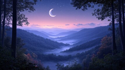 A twilight vista of misty mountain valleys under a crescent moon and starry sky. Ideal for nature lovers and as calming background.