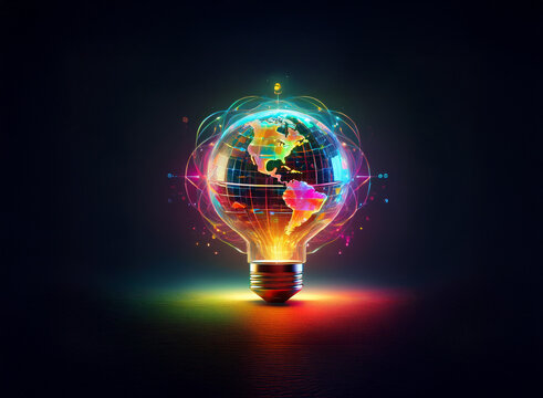A vibrant, glowing lightbulb contains a colorful, digital Earth.  It symbolizes global connectivity, innovation, and bright ideas.