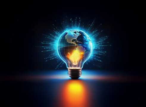 A glowing lightbulb, containing a digital Earth, radiates energy.  The image symbolizes global innovation and interconnectedness, with bright blue and orange hues dominating the dark background.
