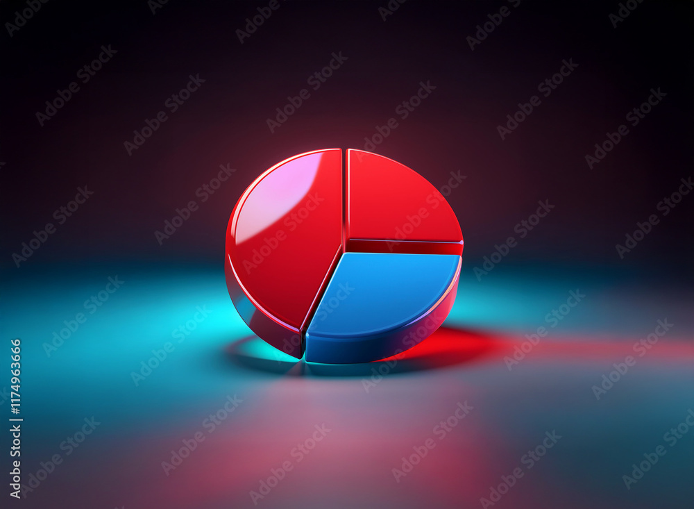 Poster a 3d pie chart, segmented into red and blue sections, is dramatically lit with vibrant red and blue 