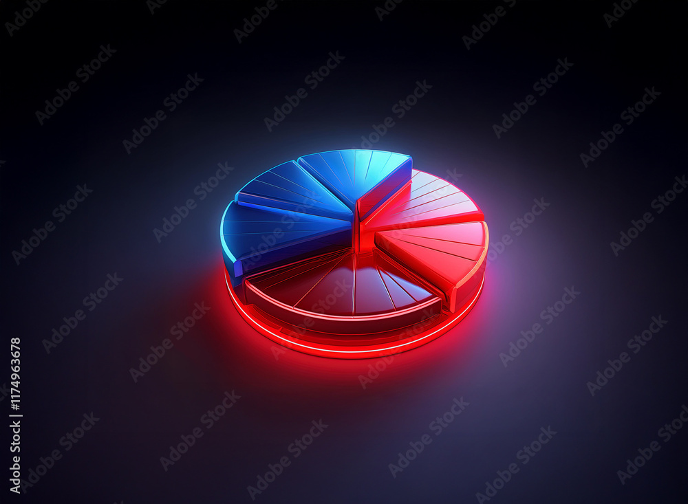 Poster a vibrant 3d pie chart, segmented in red and blue, glows with a neon red base. its sleek, polished s