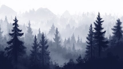 Misty mountain forest landscape with dark blue pine trees and fog.