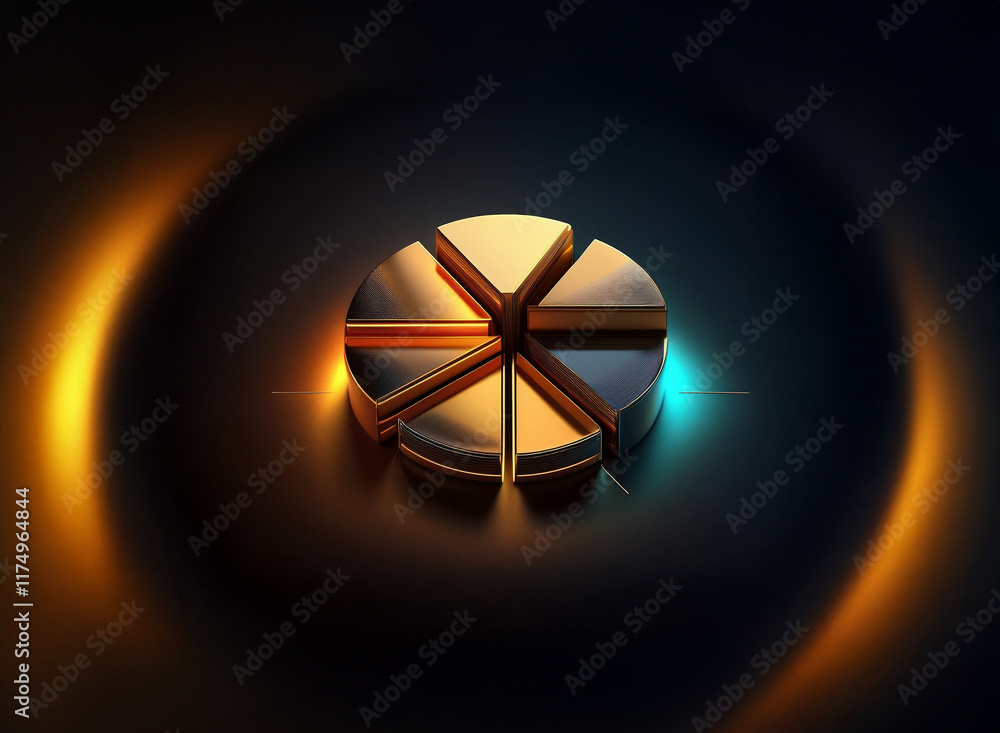 Poster a metallic, segmented circle sits on a dark surface, illuminated by warm and cool light glows. the s