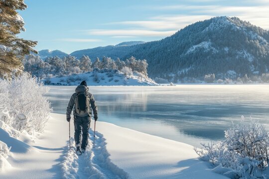 Person hikes snowy path, winter lake, mountain backdrop.