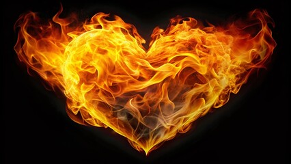 Fiery Heart: Red and Yellow Flames Isolated on Black Background - Stock Photo