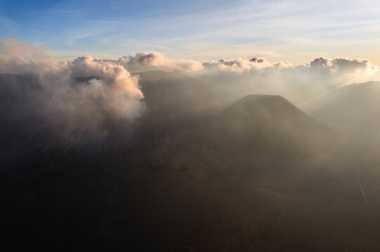 Mount Bromo in the clouds at sunset, East Java, Indonesia