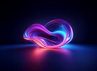 Abstract glowing neon form, vibrant pink and blue hues swirling in a smooth, organic shape.  Reflective surface creates a mirrored effect.