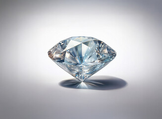 A brilliant, light-blue diamond, meticulously cut, casts a soft shadow on a pristine, gray surface.  Its facets sparkle subtly.