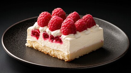 Regal cheesecake with white cream and raspberries on top, close-up, on a dark plate, natural lighting