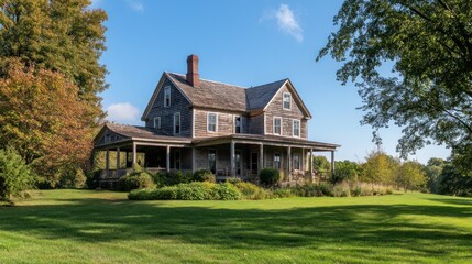Obraz premium Classic Two-Story Wooden House with a Porch in a Lush Green Meadow