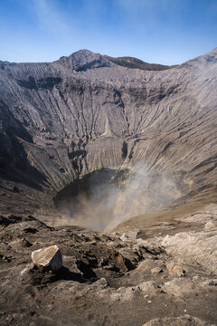 Mount Bromo crater with smoke, East Java, Indonesia