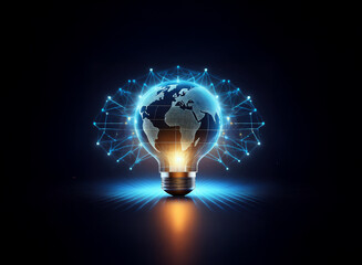 A glowing lightbulb contains a detailed Earth, encircled by a network of connections, symbolizing global connectivity and innovative ideas.  The image evokes themes of technology, innovation, and glob
