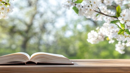 Open Book on Wooden Table with Blossoming Flowers in Soft Focus