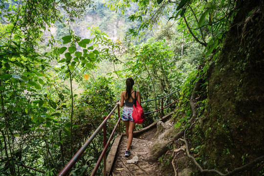 Woman walking on a trail in the forest, Malang regency, East Java, Indonesia