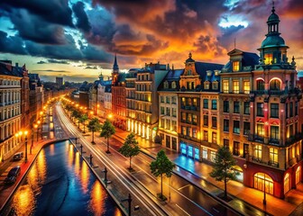 Night City Lights, Illuminated Buildings, Urban Scene, Dark Sky, Glowing Windows