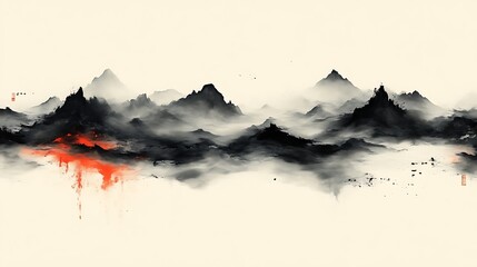 Obraz premium Misty Mountainscape Ink Wash Painting Abstract Art