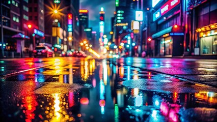 Obraz premium Night City Lights Reflecting on Wet Asphalt Street, Dramatic Urban Scene