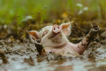 Muddy piglet joyfully plays in mud.