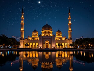 Fototapeta premium Majestic Illuminated Mosque at Night Starry Sky Reflection in Water