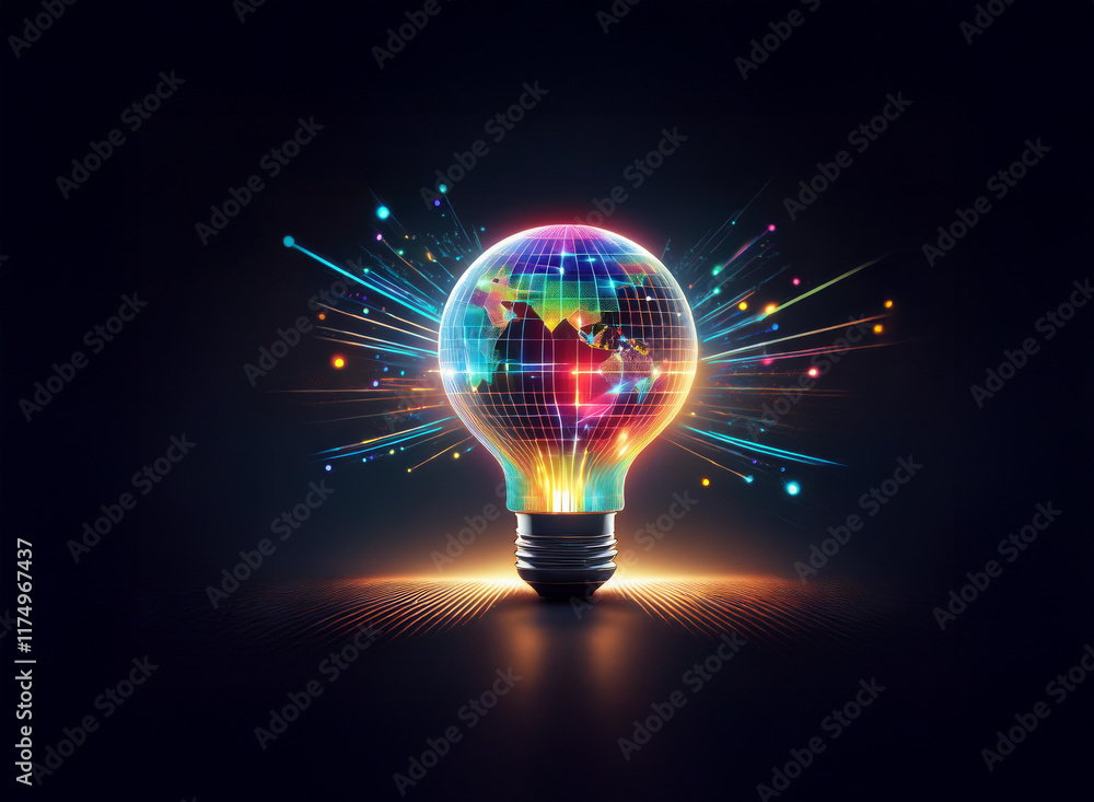 Poster a vibrant light bulb glows, its interior displaying a colorful, data-filled world map. exploding str