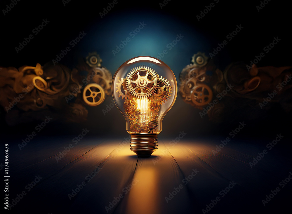 Poster a glowing lightbulb filled with intricate gears, surrounded by a swirling vortex of clockwork. the s