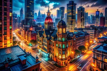 Fototapeta premium Night Cityscape: Illuminated Buildings and Streets, Dramatic Lighting, Urban Exploration