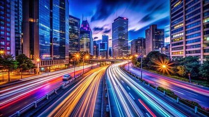 Fototapeta premium Night Cityscape Lights Trails, Urban Glow, Dark City, Long Exposure Photography, Night Photography