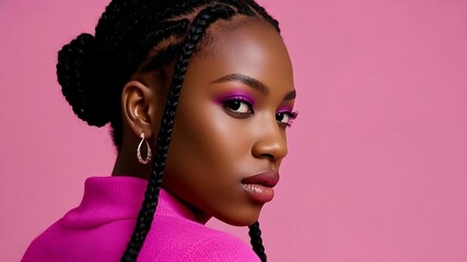 The portrait of an attractive young black female model in pink outfit with braids hairstyle and full makeup
