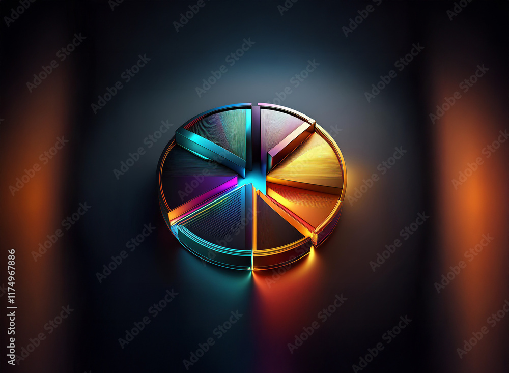 Poster a vibrant, segmented metallic circle glows with multicolored light against a dark background. its de