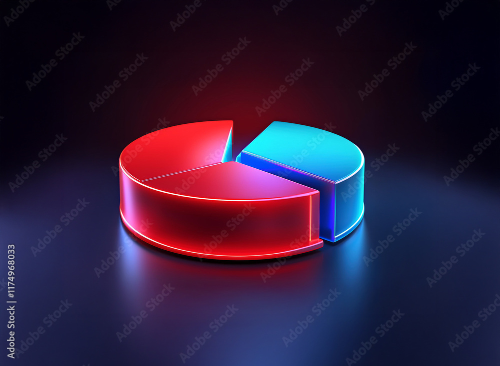 Poster a vibrant 3d pie chart, segmented into red and blue glowing sections, sits on a reflective dark surf