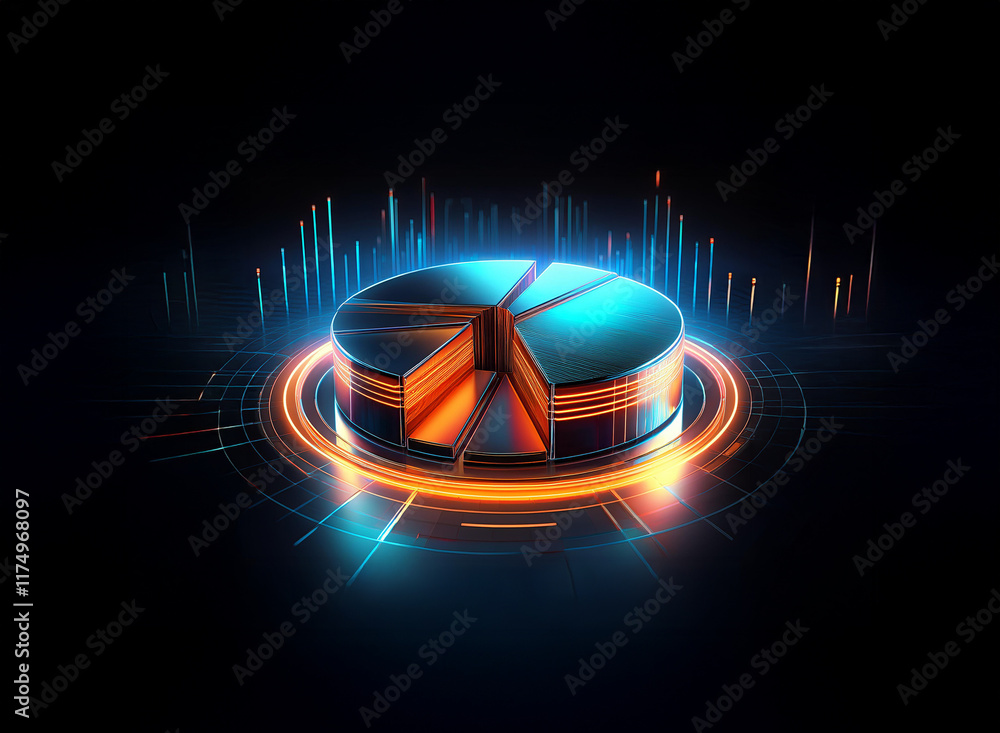 Poster a 3d metallic pie chart glows with vibrant blue and orange hues, set against a dark background with 