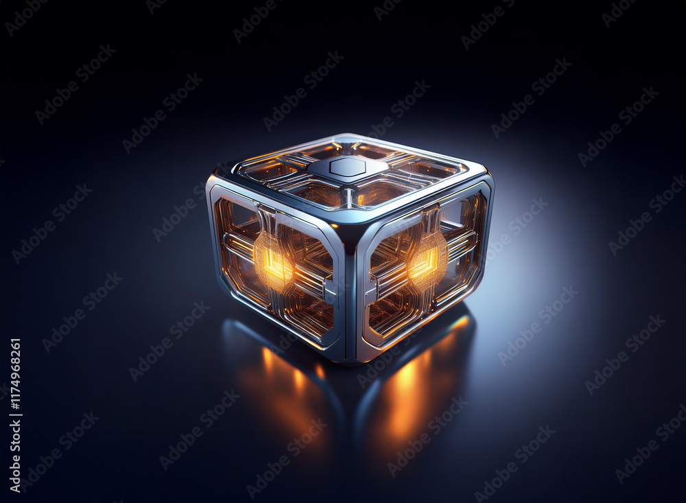 Poster a gleaming metallic cube, internally illuminated with warm light, sits on a reflective surface. its 