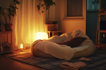 Fototapeta premium Cozy room, beanbag chair, blanket, warm lighting.