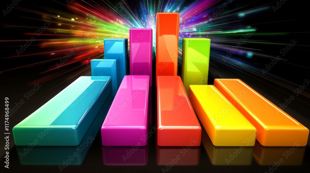 Poster a digital representation of a financial bar graph with rising bars, showing a positive market trend,