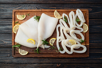 Squid tube and ring photography . Seafood top view