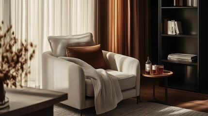 Light-filled room, armchair, throw, side table, drinks.
